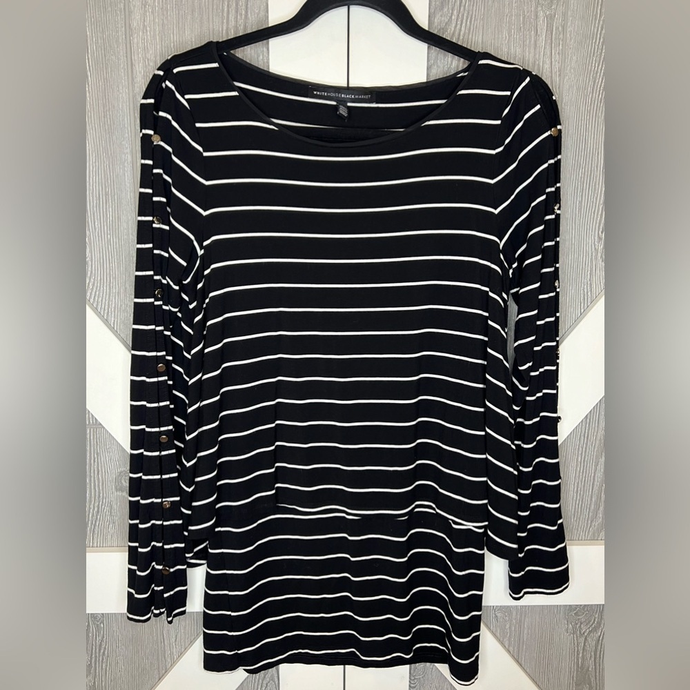 BAG032. White House Black Market Banded Waist Striped Top Button Down Sleeves - Picture 2 of 8